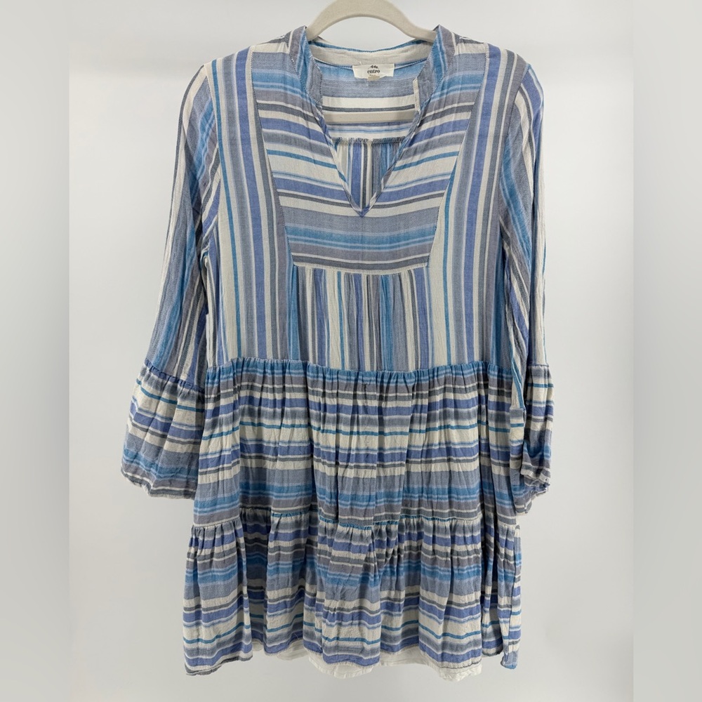 Entro Blue White Striped Gauze Tiered Long Sleeve Mini Dress, Women's Small
